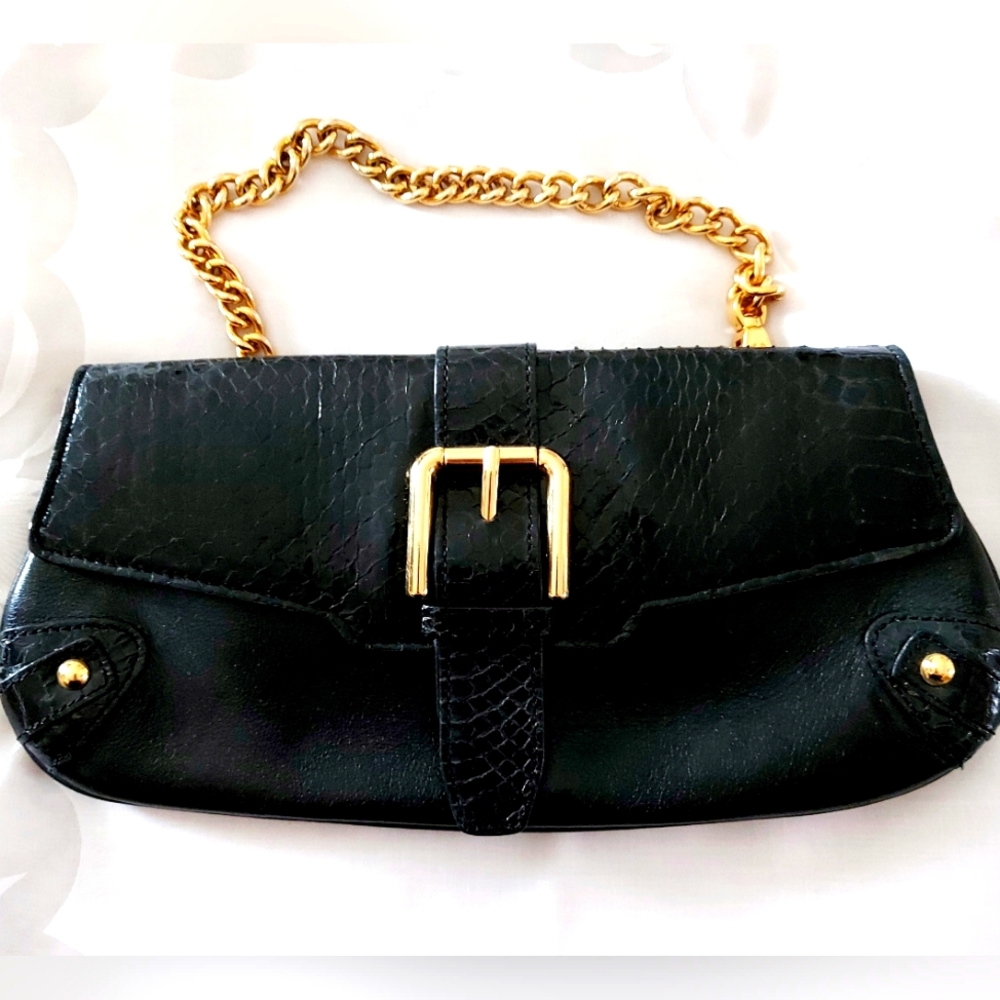 Small Domani Italian leather wristlet wallet bag with gold chain